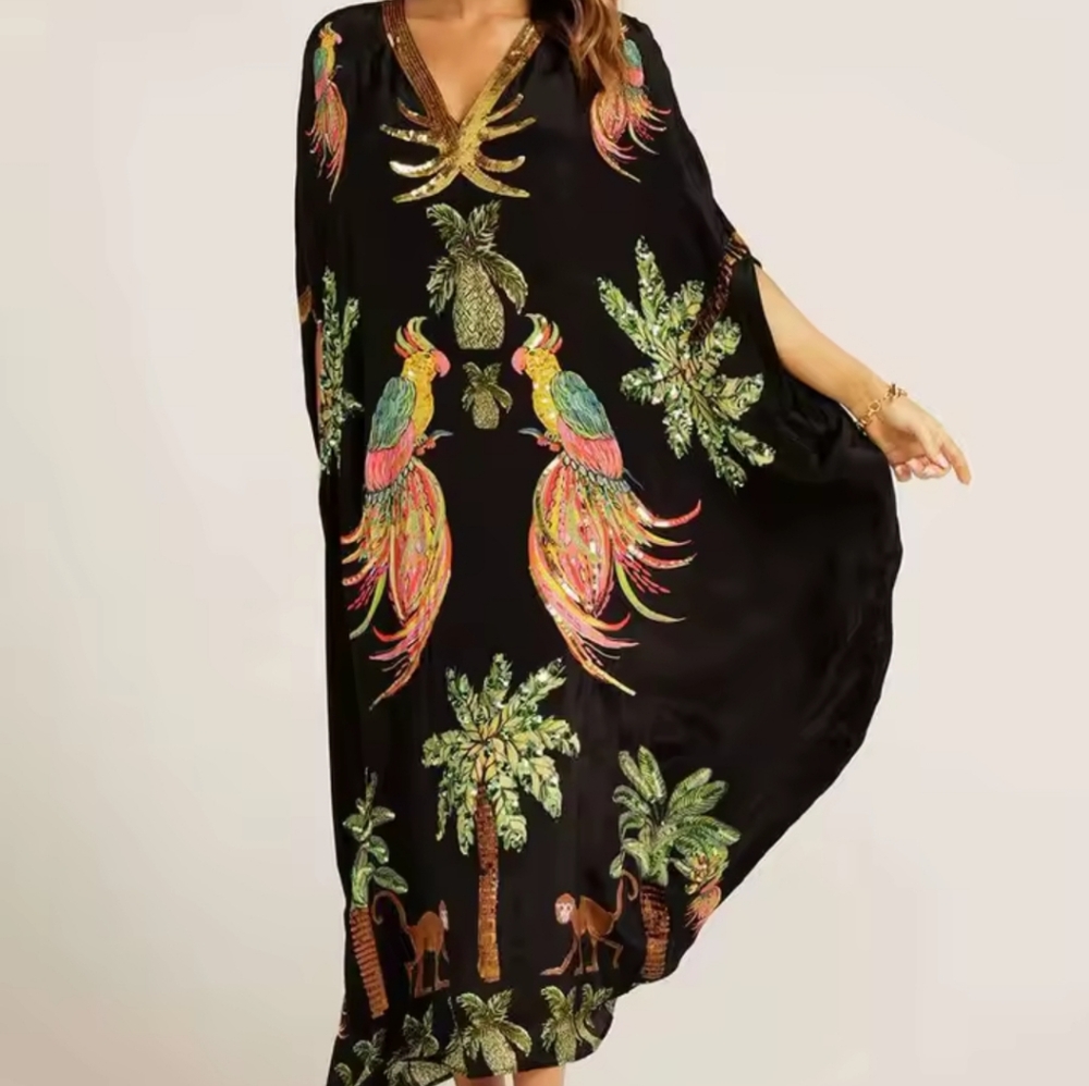 New Summer V-neck A-line Dress Fashion AnimalPattern Printed Loose Dress Retro - Picture 3 of 3